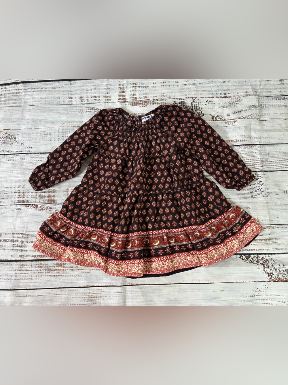 Old Navy Dress Girls 2T Brown Patterned Smocked Long Sleeve Fall